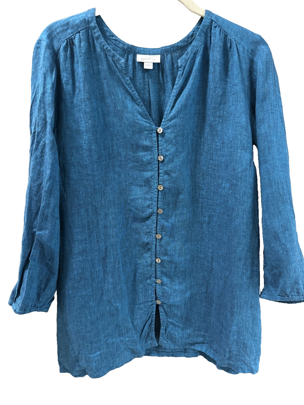Pure Jill Linen Ocean Blue Button Up Tunic Blouse Size M Relaxed Boho Coastal